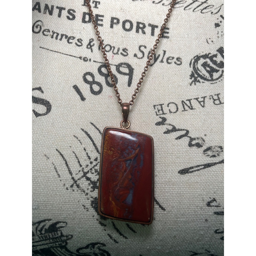 Red Jasper Rectangle Pendant Necklace Copper Tone Chain Boho Statement Jewelry